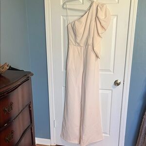 Karlie One-Shoulder Cream Jumpsuit with Draped Ruffle